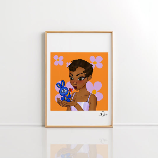 Kawaii Girl & Blue Bunny Art Print - Whimsical Orange Wall Decor, Cute Floral Character Illustration, Digital Download
