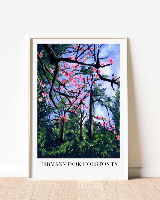Floral Landscape Art - Pink Cherry Blossoms in Houston, Botanical Wall Art for Living Room Digital Download