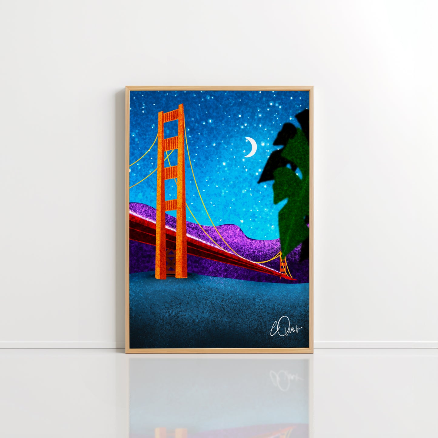 Golden Gate Bridge Night Art Print - Modern San Francisco Landscape - Vibrant Nocturnal Cityscape Wall Decor UNFRAMED