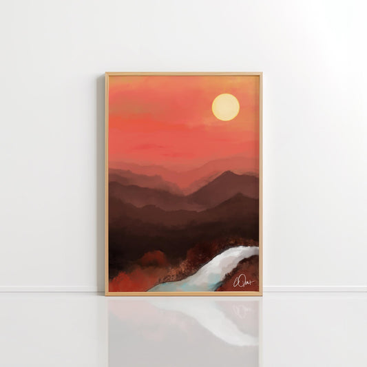 Abstract Mountain Sunset Poster - Terracotta and Burnt Orange Landscape, Minimalist Desert Wall Art, Digital Download