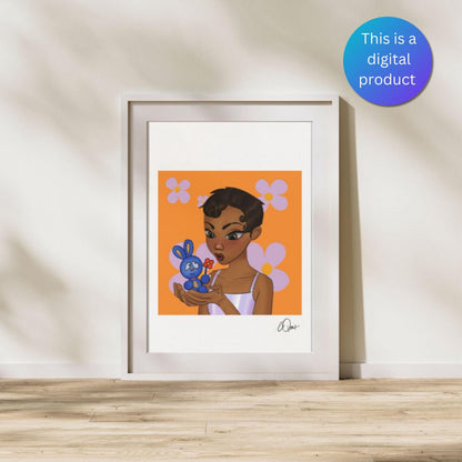 Kawaii Girl & Blue Bunny Art Print - Whimsical Orange Wall Decor, Cute Floral Character Illustration, Digital Download