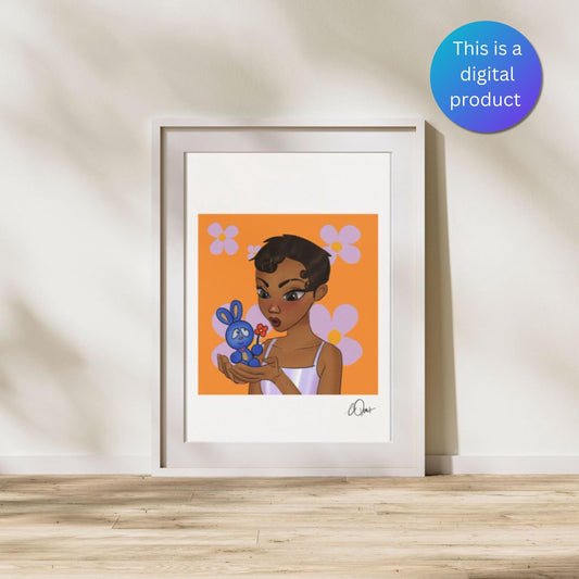 Kawaii Girl & Blue Bunny Art Print - Whimsical Orange Wall Decor, Cute Floral Character Illustration, Digital Download