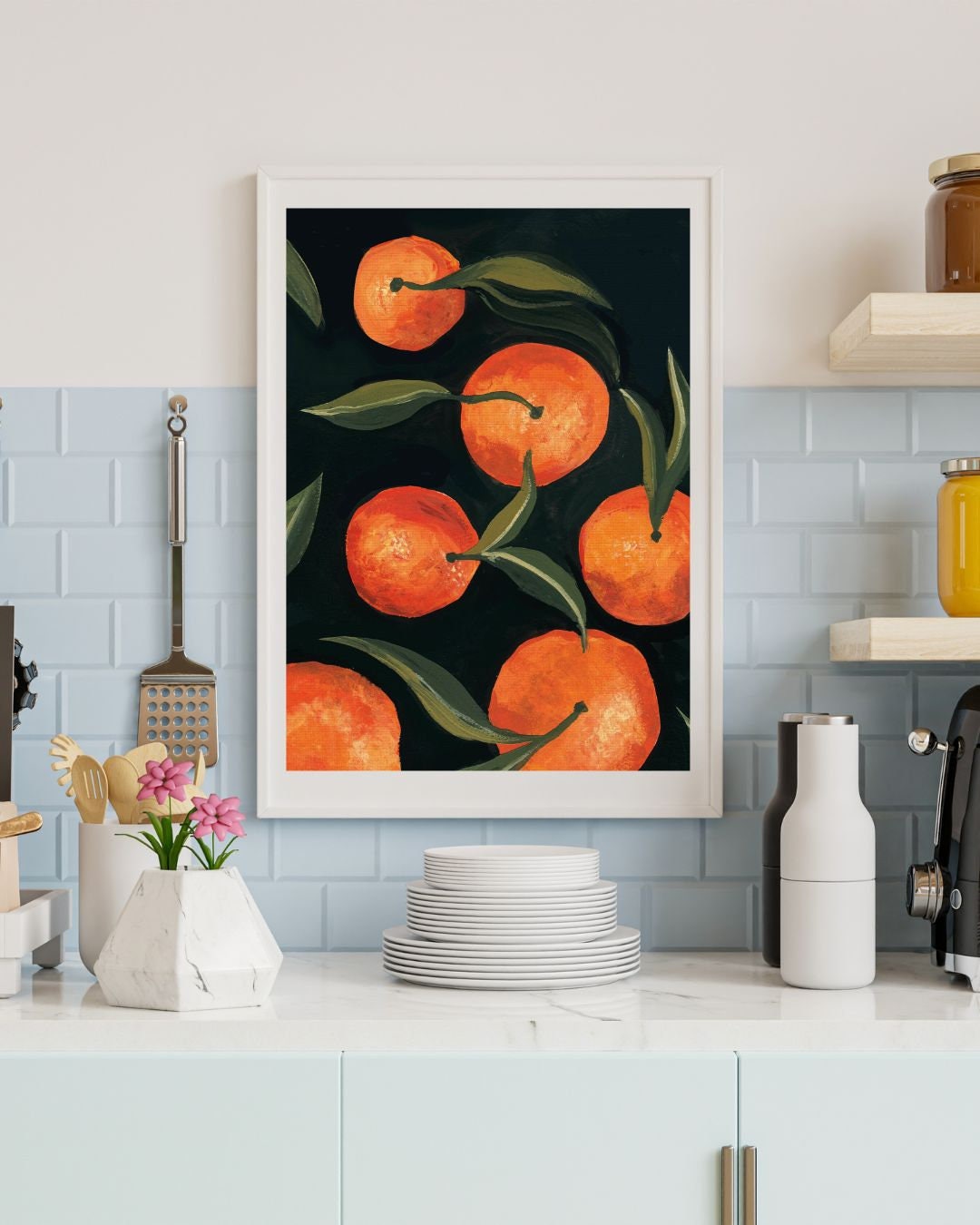 Summer Citrus Fruit Poster - Fresh Orange & Green Leaf Art, Bright Dining Room Wall Decor UNFRAMED