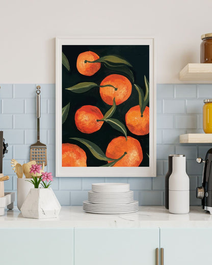 Summer Citrus Fruit Poster - Fresh Orange & Green Leaf Art, Bright Dining Room Wall Decor UNFRAMED