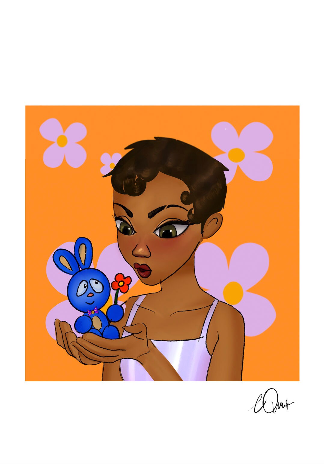 Kawaii Girl & Blue Bunny Art Print - Whimsical Orange Wall Decor, Cute Floral Character Illustration, Digital Download