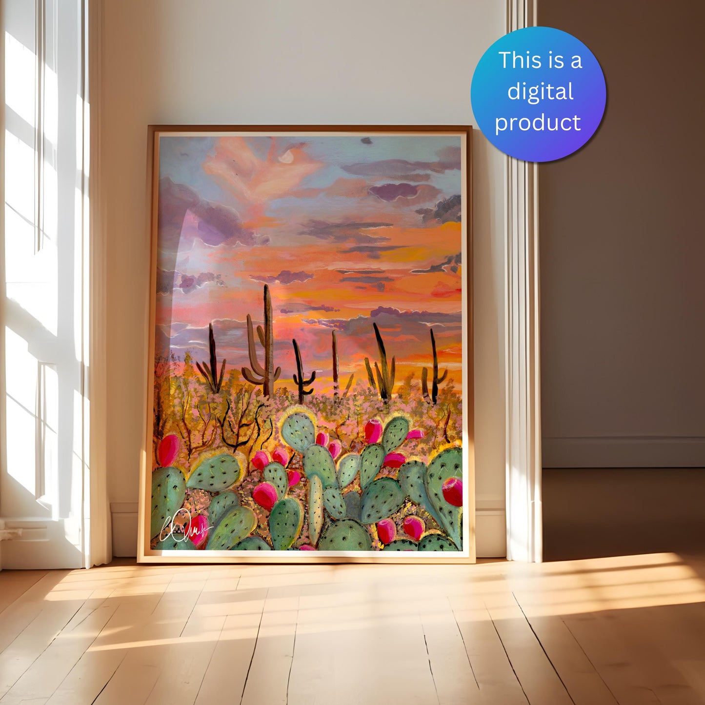 Desert Sunset Wall Art - Saguaro Cactus & Prickly Pear Print, Southwest Boho Home Decor, Digital Download