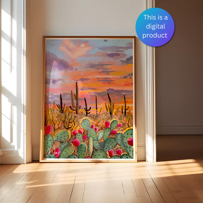 Desert Sunset Wall Art - Saguaro Cactus & Prickly Pear Print, Southwest Boho Home Decor, Digital Download