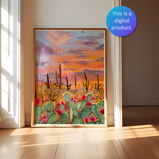 Desert Sunset Wall Art - Saguaro Cactus & Prickly Pear Print, Southwest Boho Home Decor, Digital Download