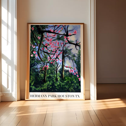 Floral Landscape Art - Pink Cherry Blossoms in Houston, Botanical Wall Art for Living Room Digital Download