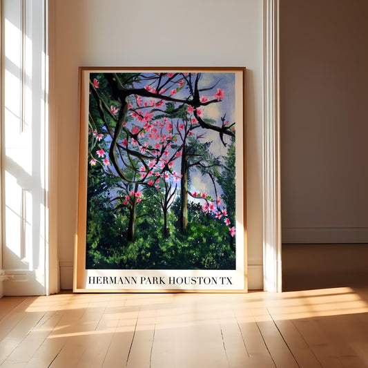 Floral Landscape Art - Pink Cherry Blossoms in Houston, Botanical Wall Art for Living Room Digital Download