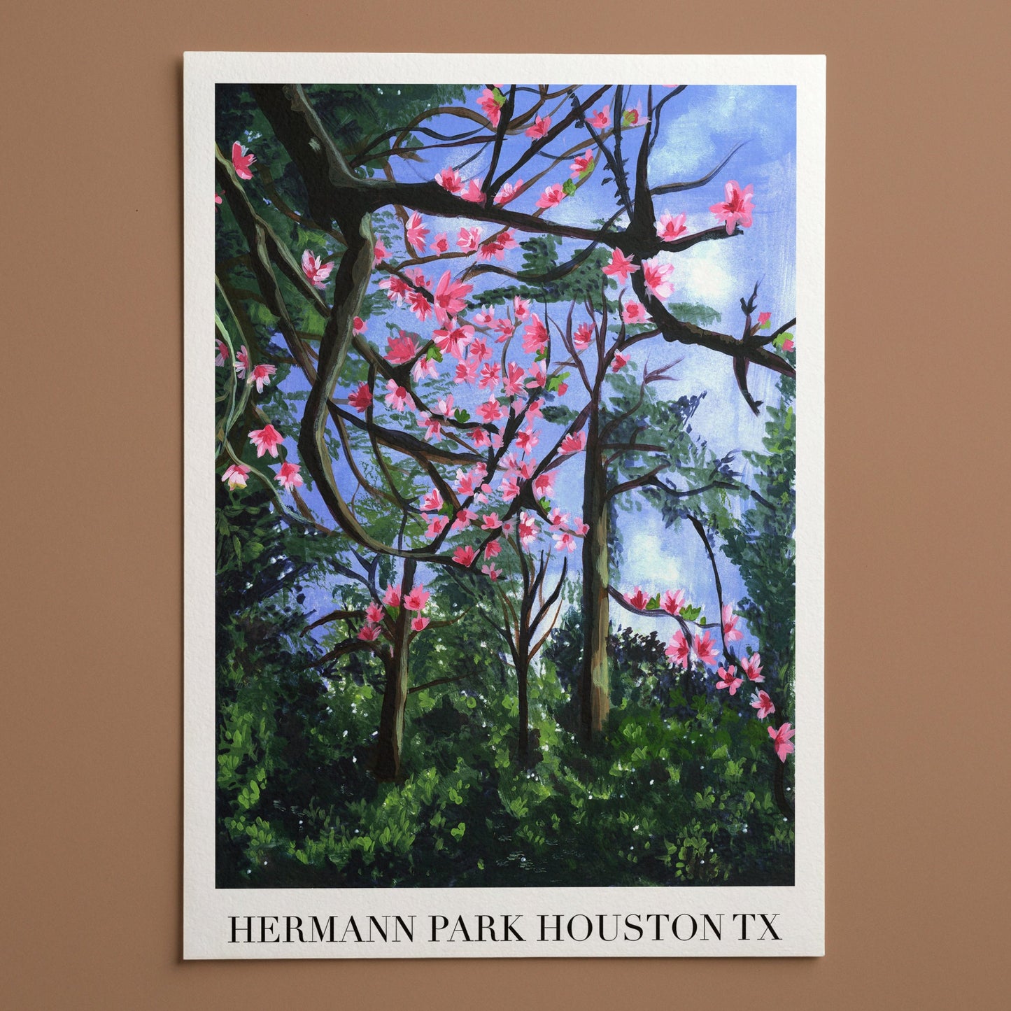 Poster of a cherry blossom tree with pink flowers against a brown background