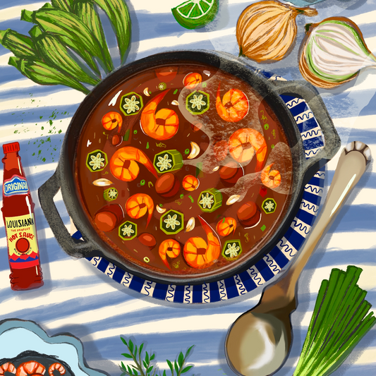 Shrimp Gumbo Art Print - Cajun Kitchen Decor & Food Illustration UNFRAMED