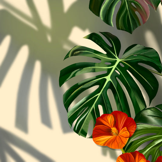 Gift for Plant Lovers - Exotic Greenery Wall Art, Vibrant Orange Floral Portrait, Monstera Deliciosa Print UNFRAMED