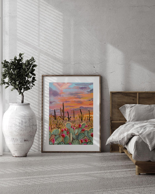 Desert Sunset Wall Art - Saguaro Cactus & Prickly Pear Print, Southwest Boho Home Decor, Digital Download