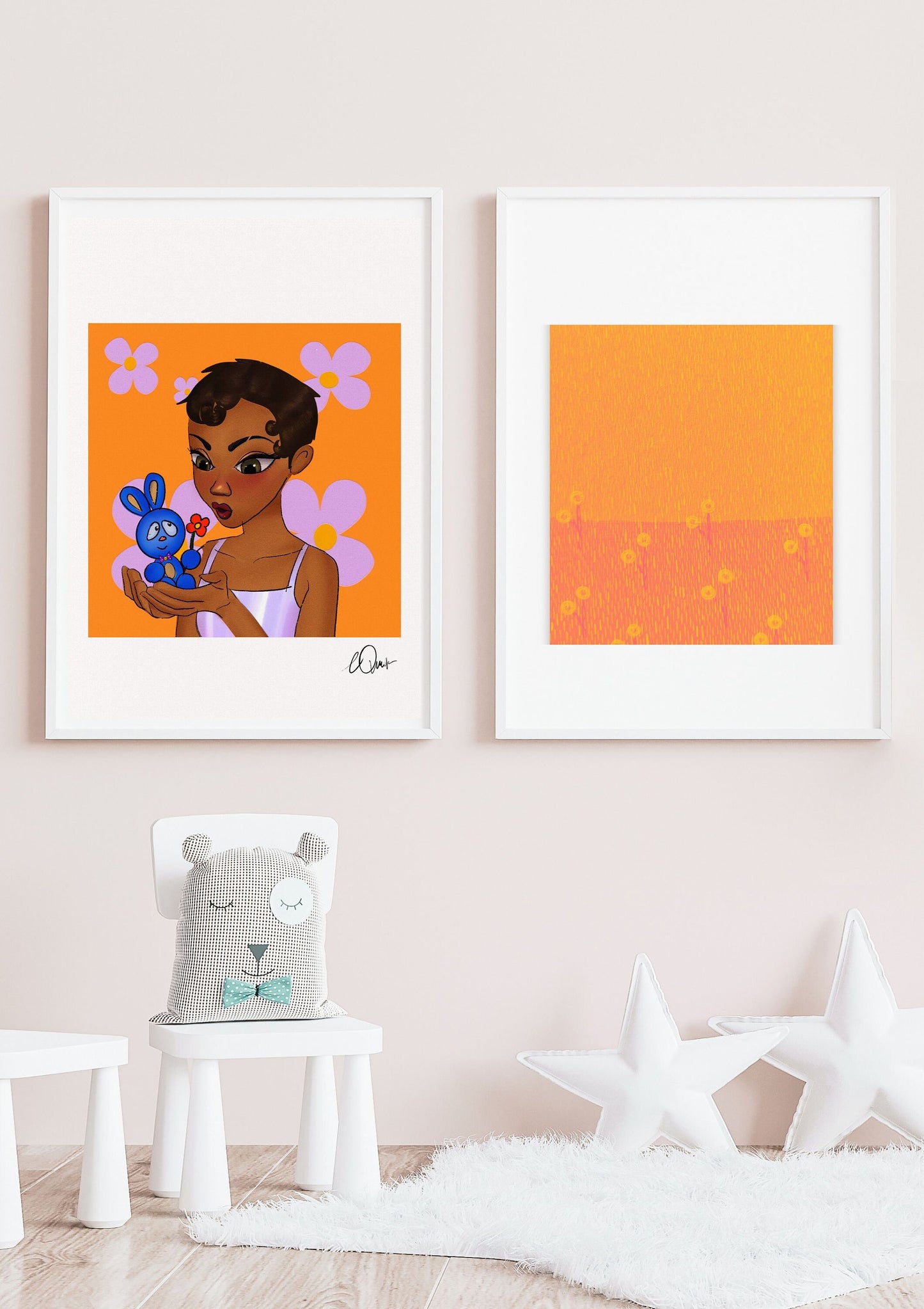 Kawaii Girl & Blue Bunny Art Print - Whimsical Orange Wall Decor, Cute Floral Character Illustration, Digital Download