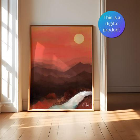 Abstract Mountain Sunset Poster - Terracotta and Burnt Orange Landscape, Minimalist Desert Wall Art, Digital Download