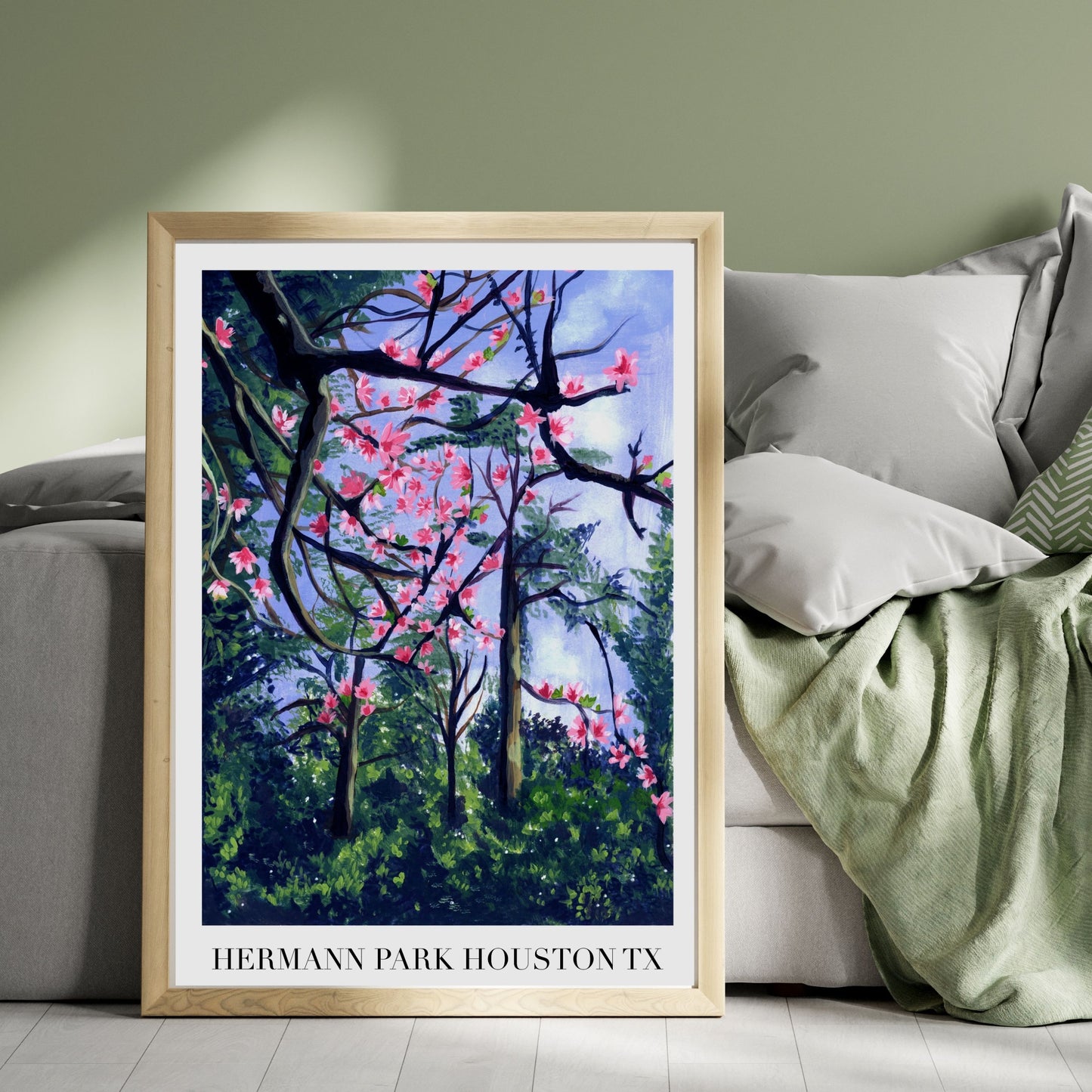 Pink Cherry Blossom Wall Art - Spring Botanical Garden Print, Vibrant Floral Landscape for Living Room UNFRAMED