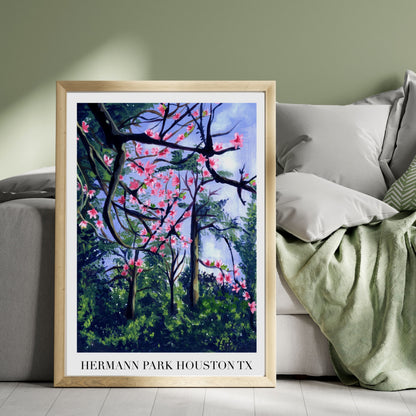 Pink Cherry Blossom Wall Art - Spring Botanical Garden Print, Vibrant Floral Landscape for Living Room UNFRAMED