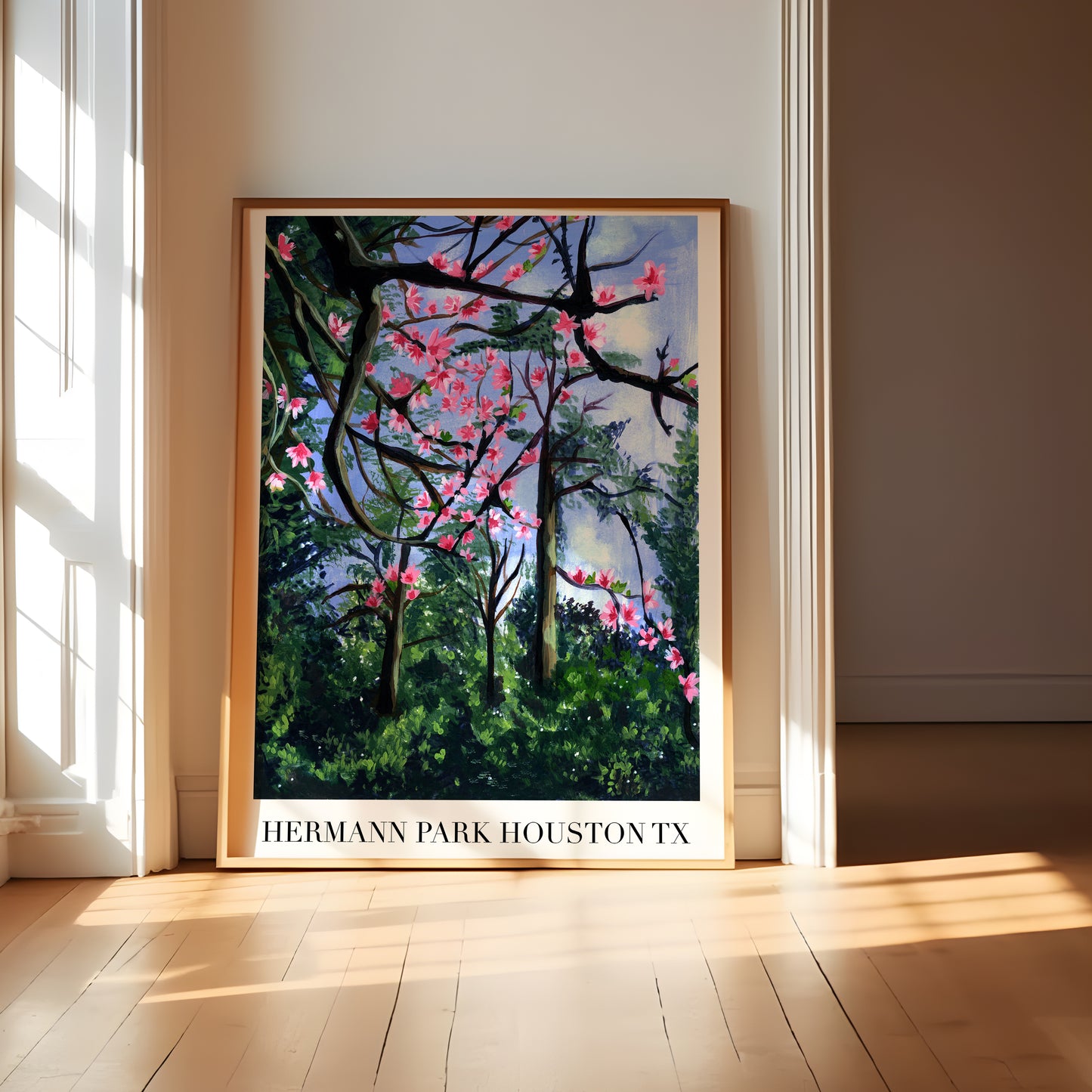 Pink Cherry Blossom Wall Art - Spring Botanical Garden Print, Vibrant Floral Landscape for Living Room UNFRAMED