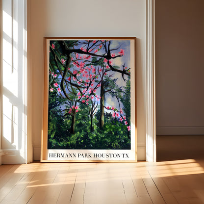 Pink Cherry Blossom Wall Art - Spring Botanical Garden Print, Vibrant Floral Landscape for Living Room UNFRAMED