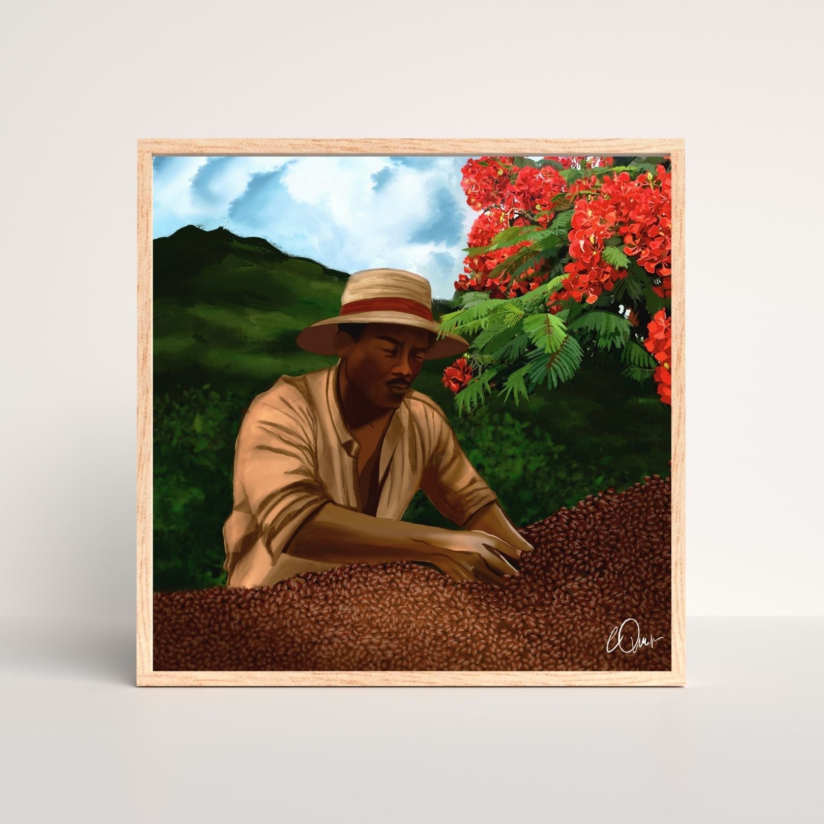 Framed artwork of a man in a hat sitting among coffee beans with a scenic background