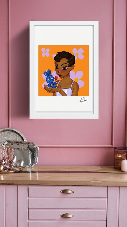 Kawaii Girl & Blue Bunny Art Print - Whimsical Orange Wall Decor, Cute Floral Character Illustration, Digital Download