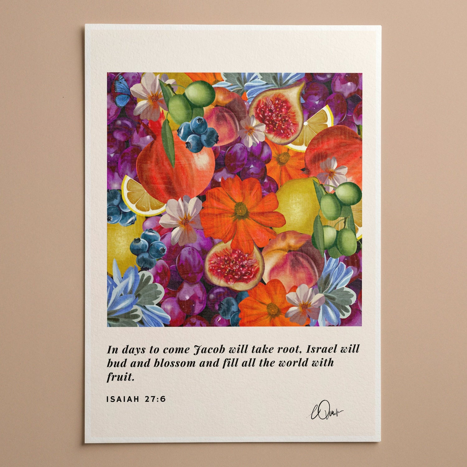 Poster with colorful fruit illustration and Bible verse on a beige background