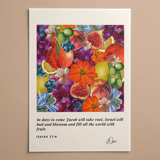 Poster with colorful fruit illustration and Bible verse on a beige background