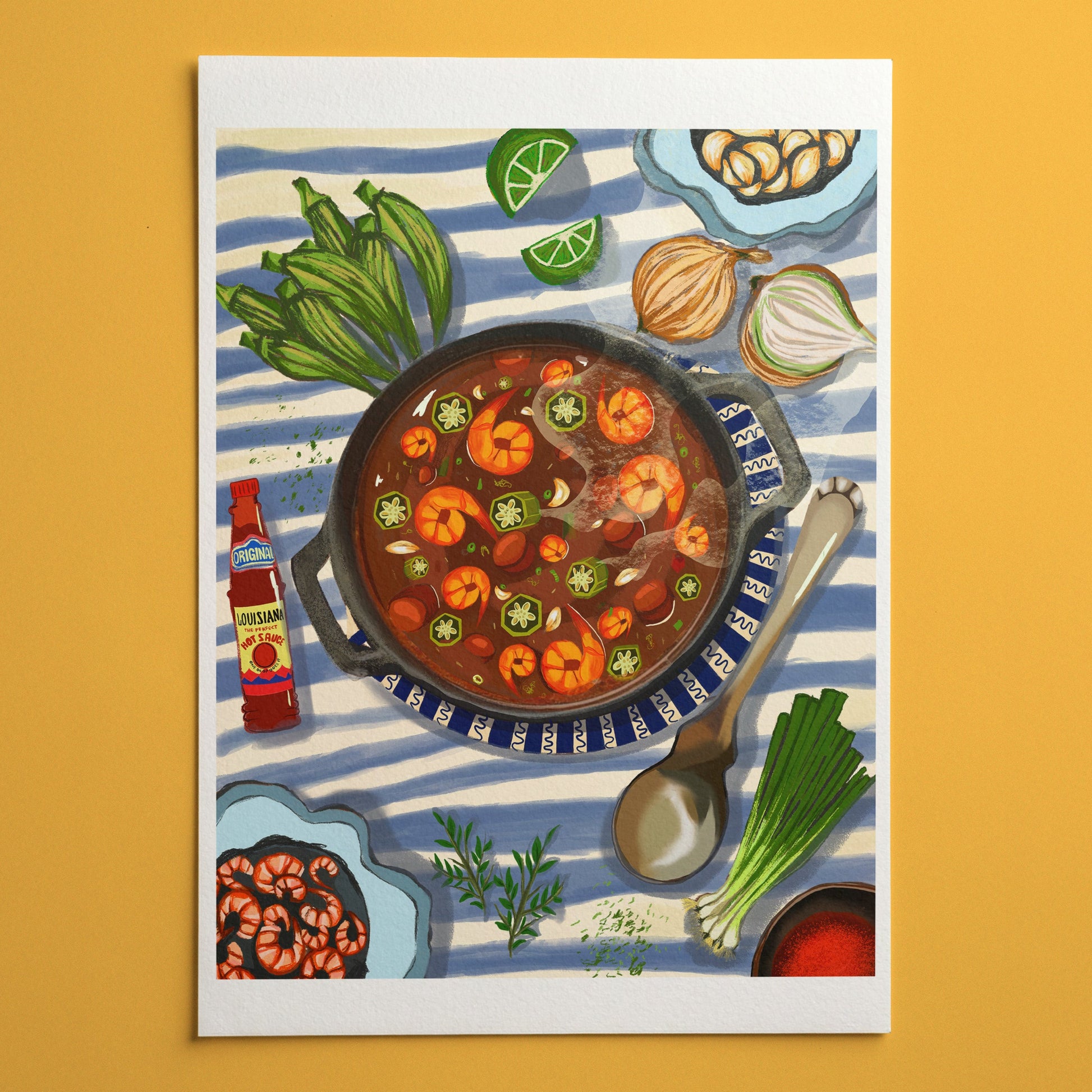 Poster of a bowl of soup with vegetables on a striped background