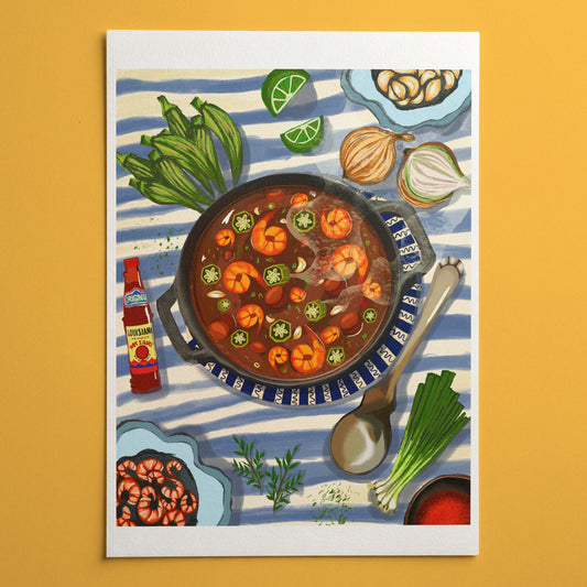 Poster of a bowl of soup with vegetables on a striped background