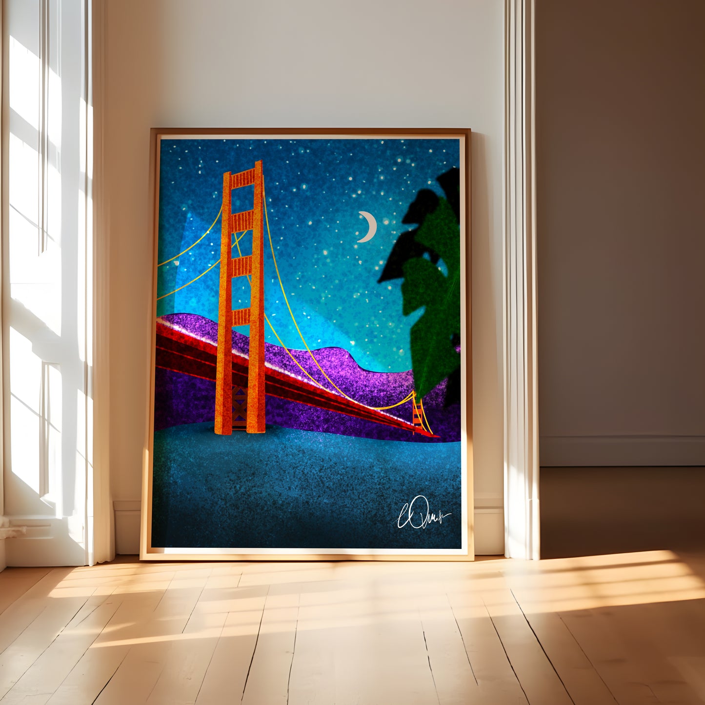 Golden Gate Bridge Night Art Print - Modern San Francisco Landscape - Vibrant Nocturnal Cityscape Wall Decor UNFRAMED
