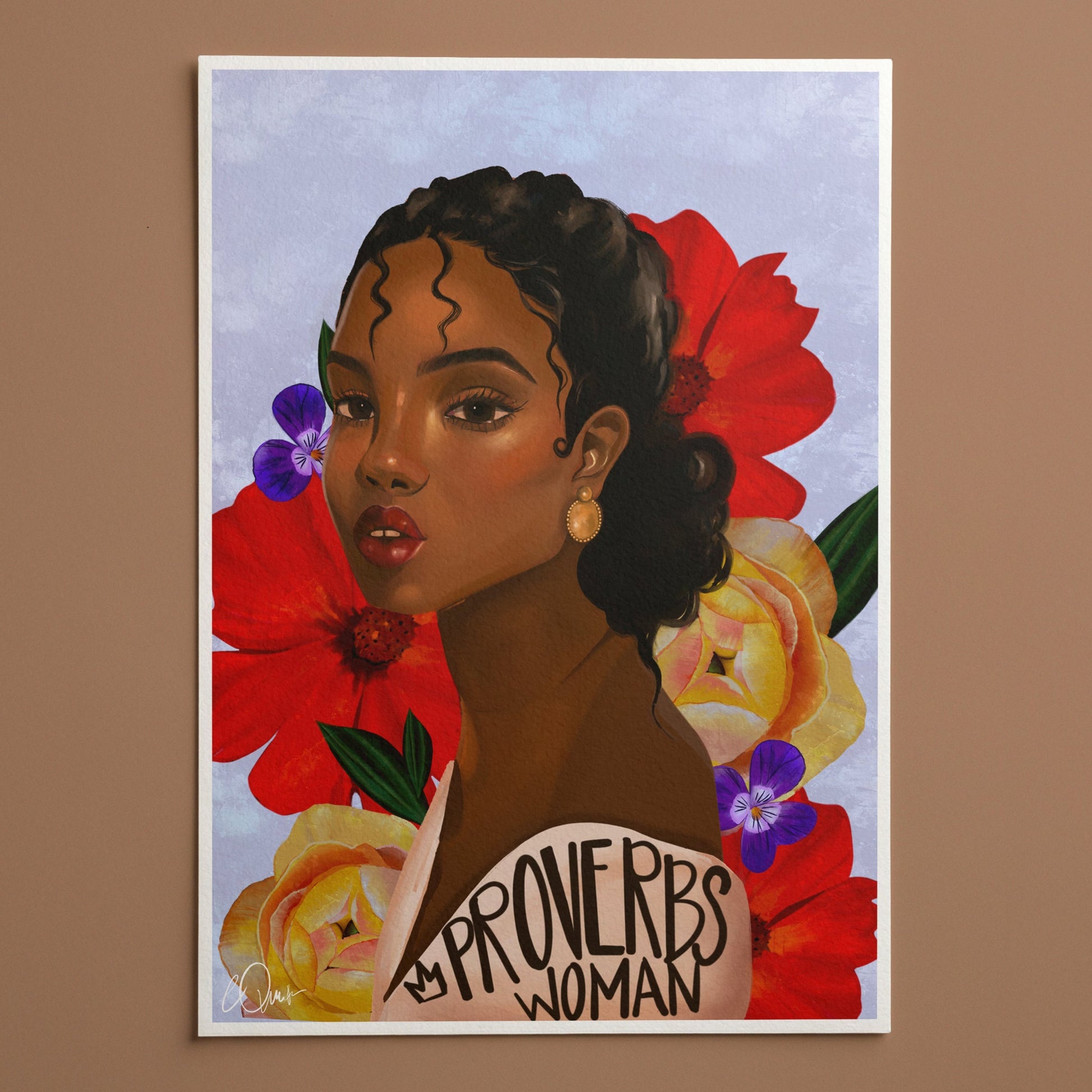 Art print of a woman surrounded by flowers with 'Powers'Woman' text on a brown background