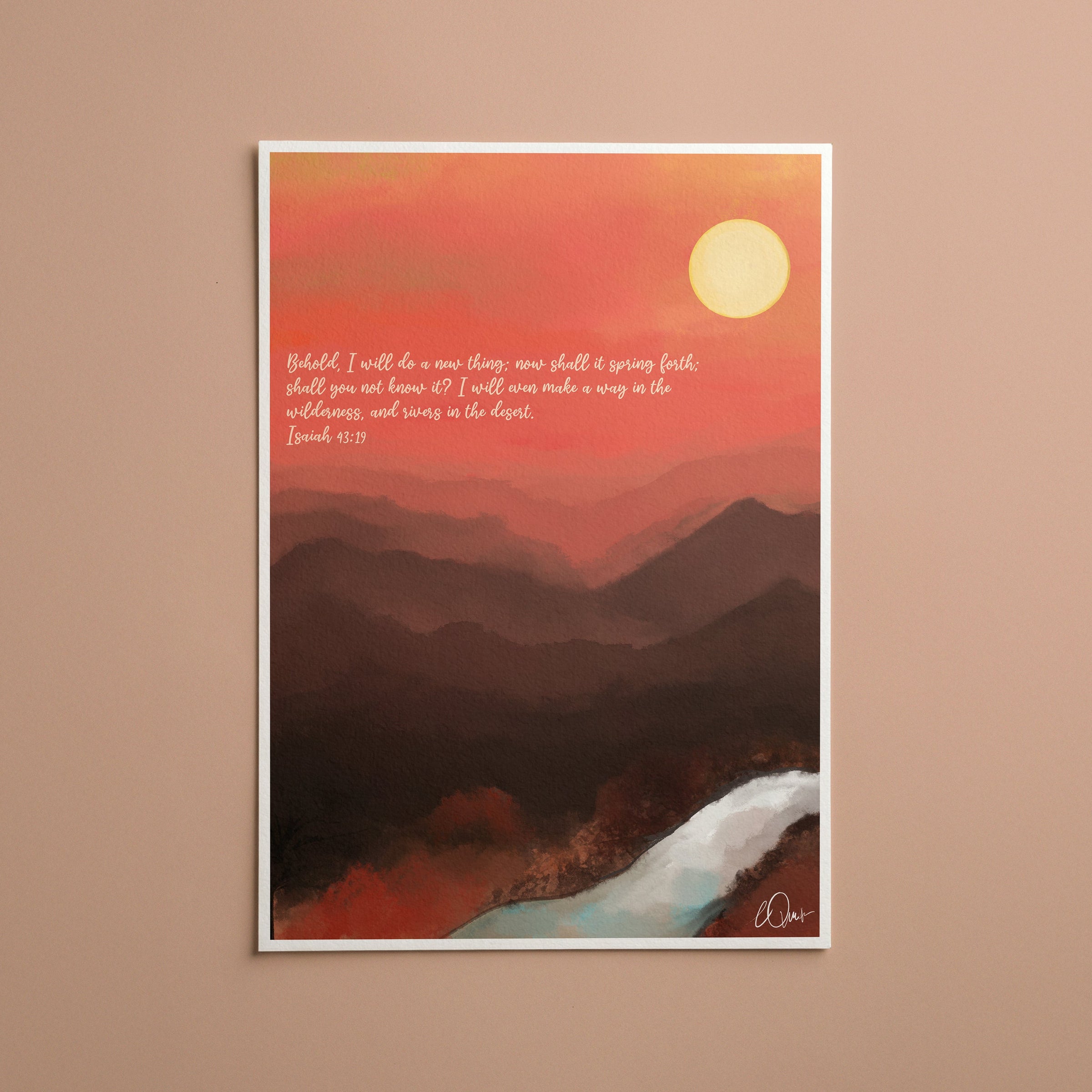 Poster with a sunset over mountains and a quote on a beige background